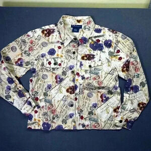 Artscapes Ivory Cotton Denim Jacket Womens S Pandy Flowers Postage Travel 0798